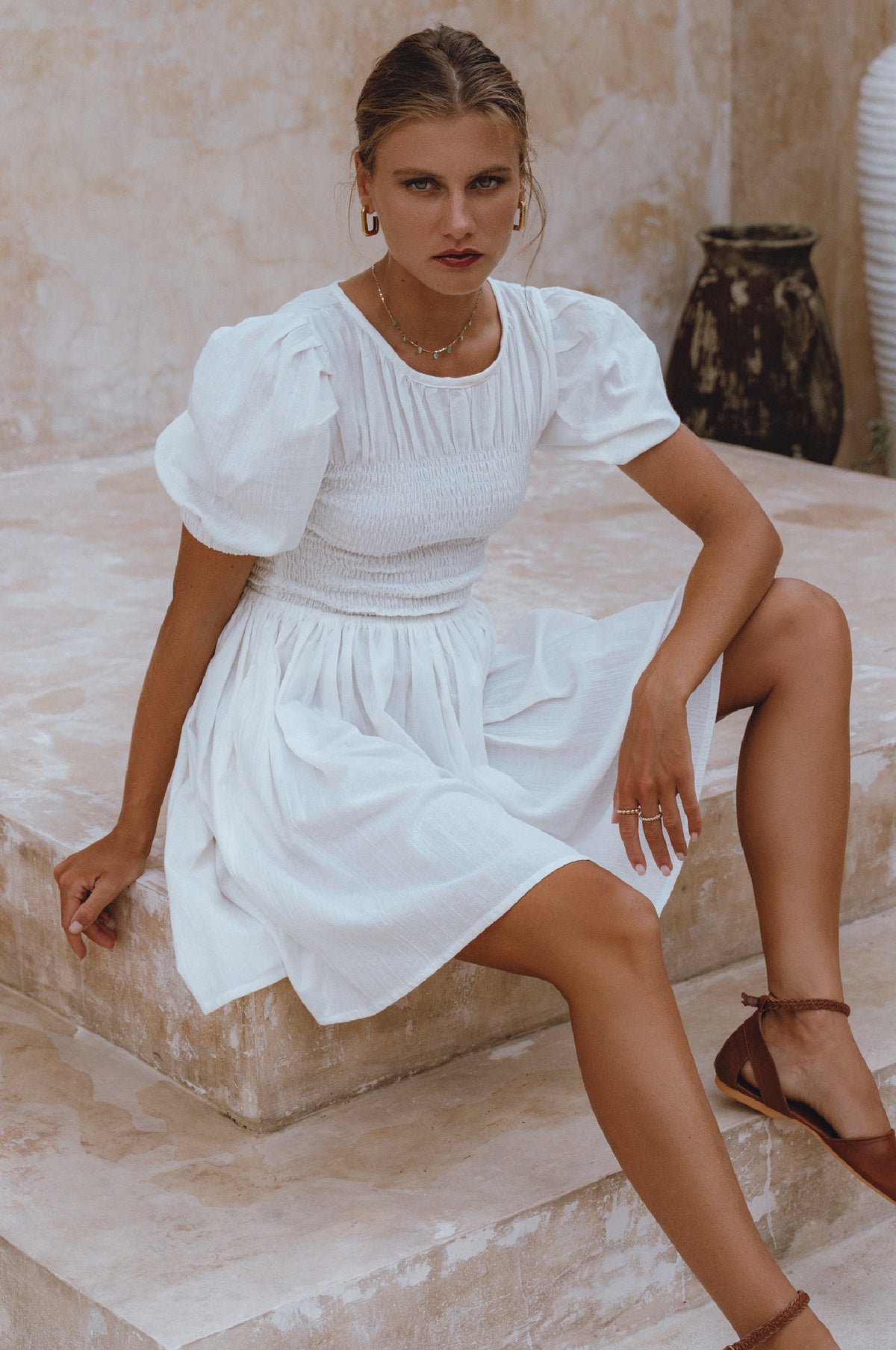 Elodie Smocked Linen Mini Dress