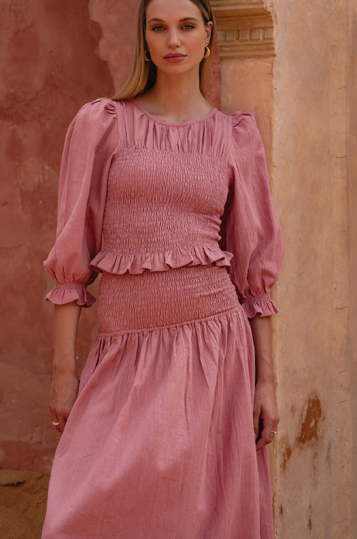 Lavena Smocked Midi Linen Skirt (Sale)