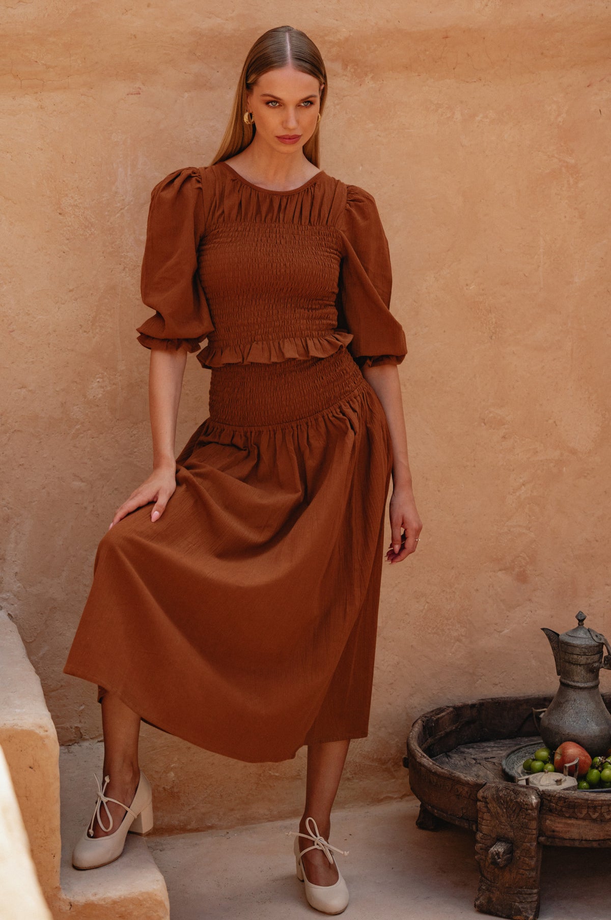 Lavena Smocked Midi Linen Skirt (Sale)