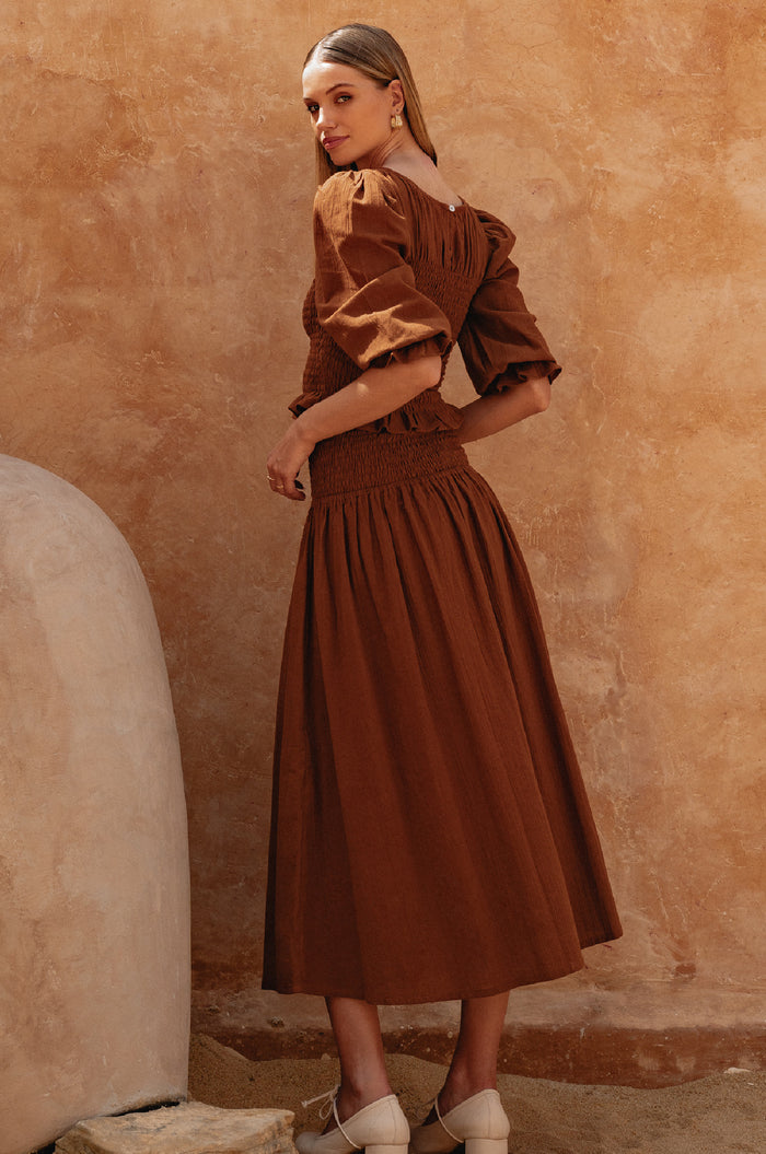 Lavena Smocked Midi Linen Skirt (Sale)