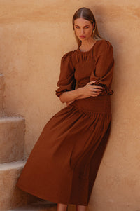 Lavena Smocked Midi Linen Skirt (Sale)