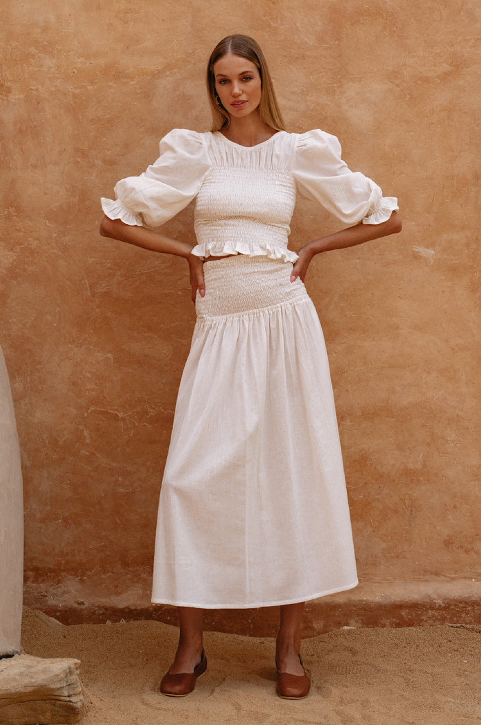 Lavena Smocked Midi Linen Skirt (Sale)