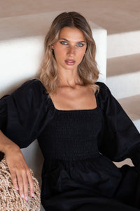 Almeria Smocked Midi Linen Dress