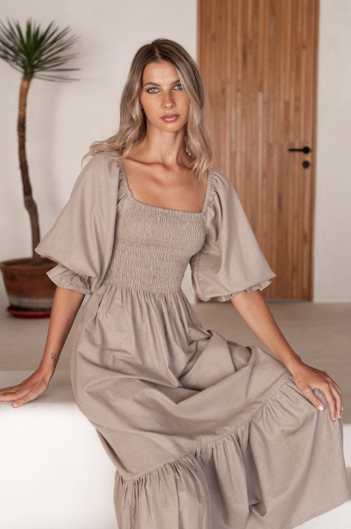 Almeria Smocked Midi Linen Dress (Sale)
