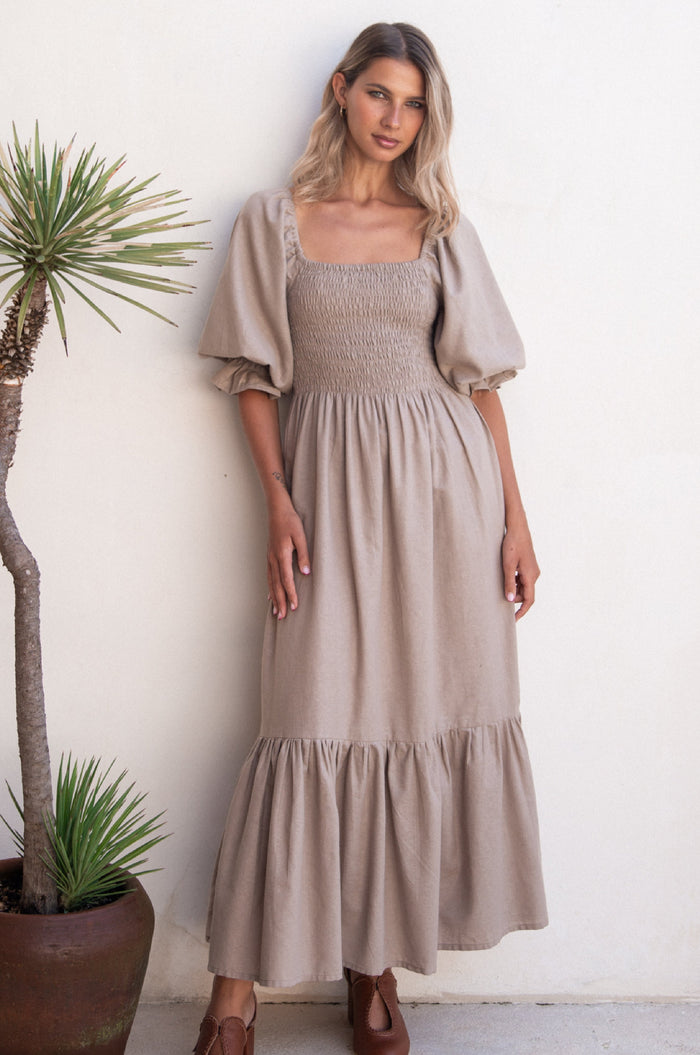 Almeria Smocked Midi Linen Dress (Sale)