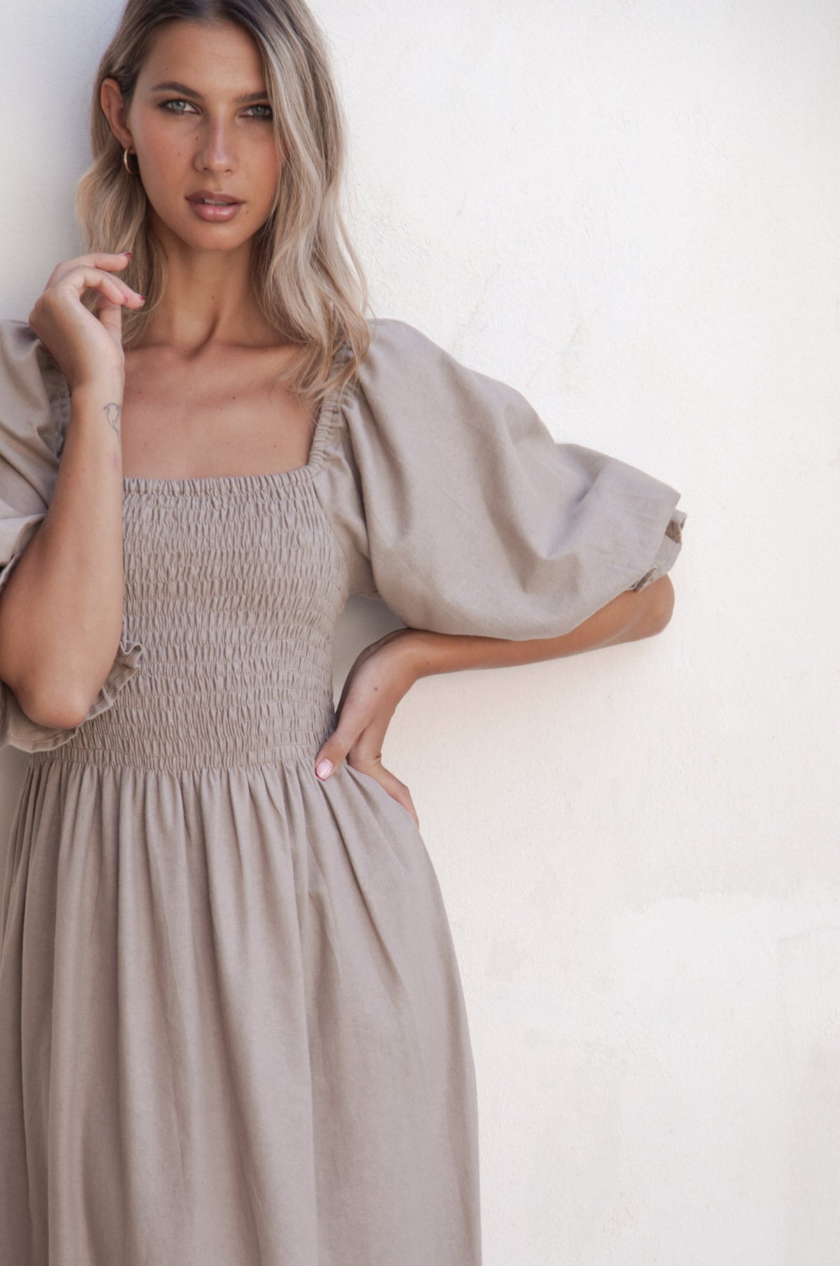 Almeria Smocked Midi Linen Dress (Sale)