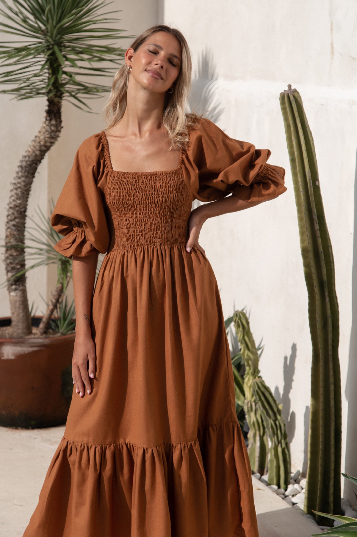 Almeria Smocked Midi Linen Dress
