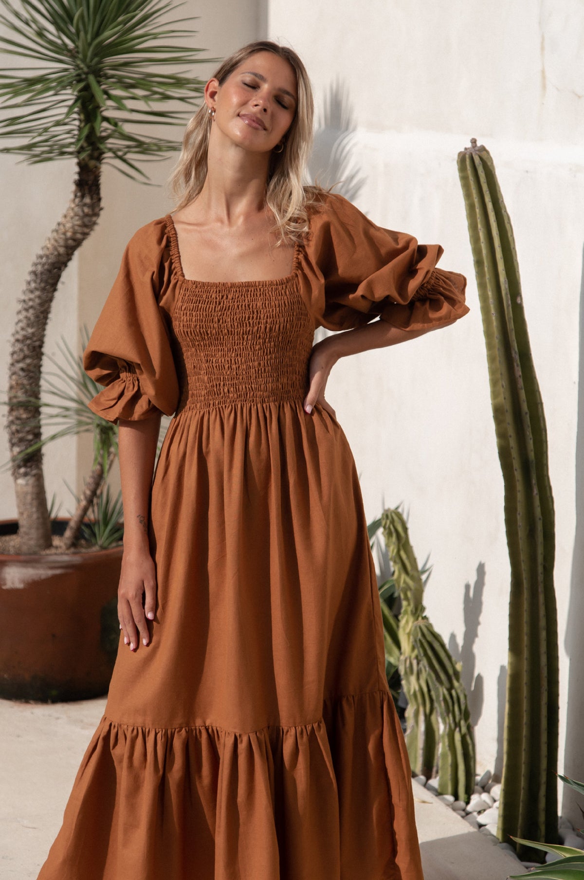 Almeria Smocked Midi Linen Dress