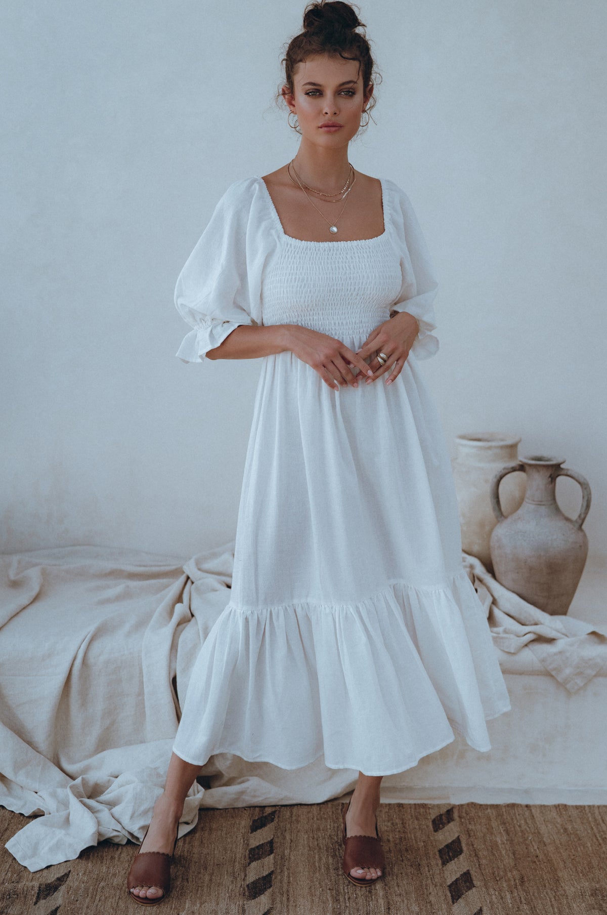 Almeria Smocked Midi Linen Dress