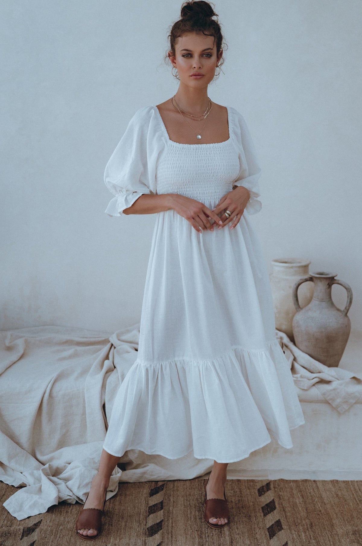 Almeria Smocked Midi Linen Dress