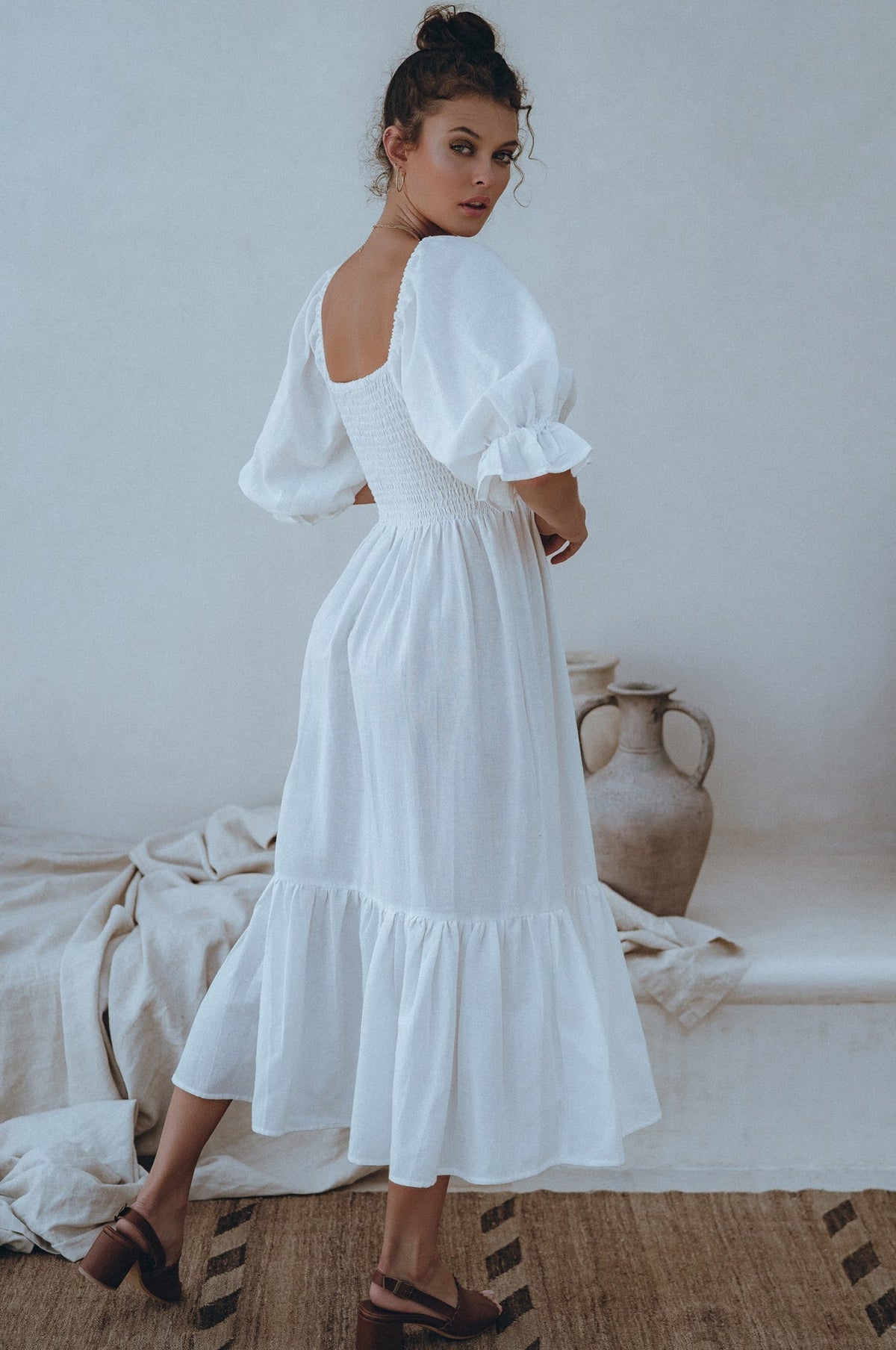 Almeria Smocked Midi Linen Dress (Sale)