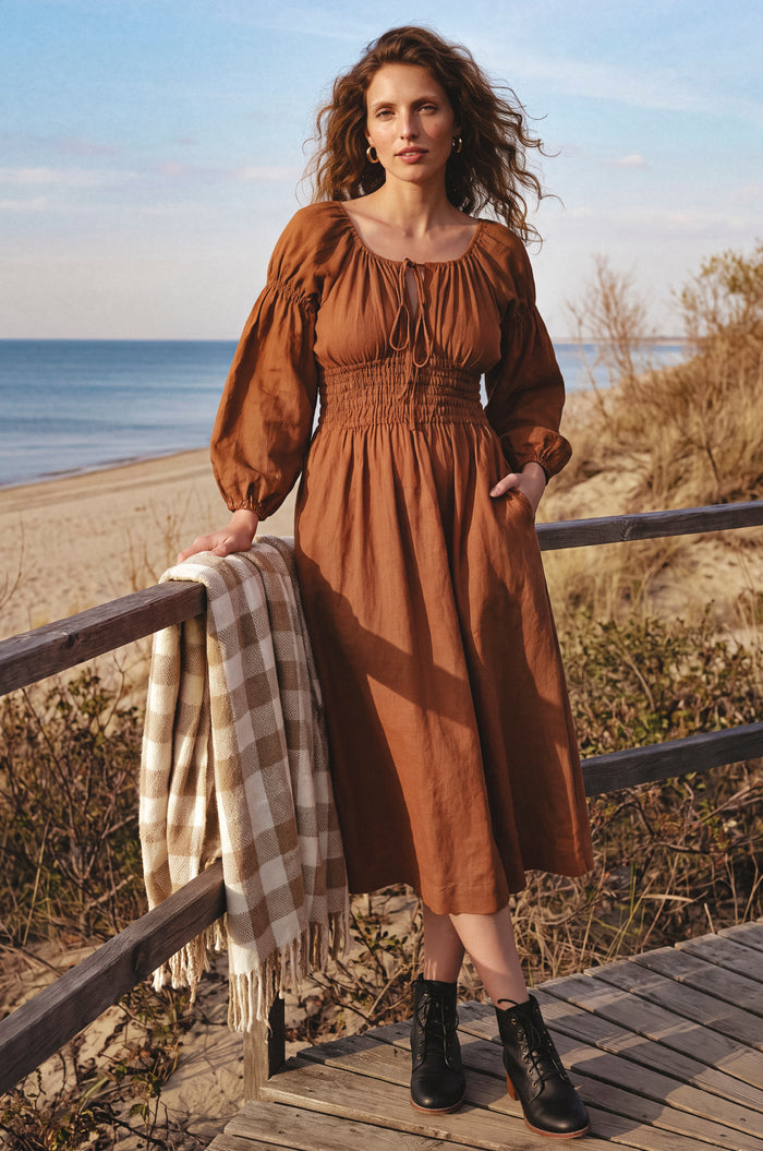 Cassis Smocked Midi Linen Dress