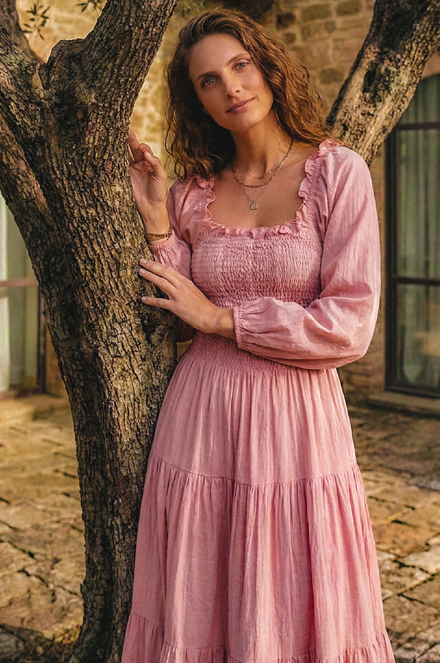 Evangeline. Handmade Tiered Linen Midi Dress With Square Neckline