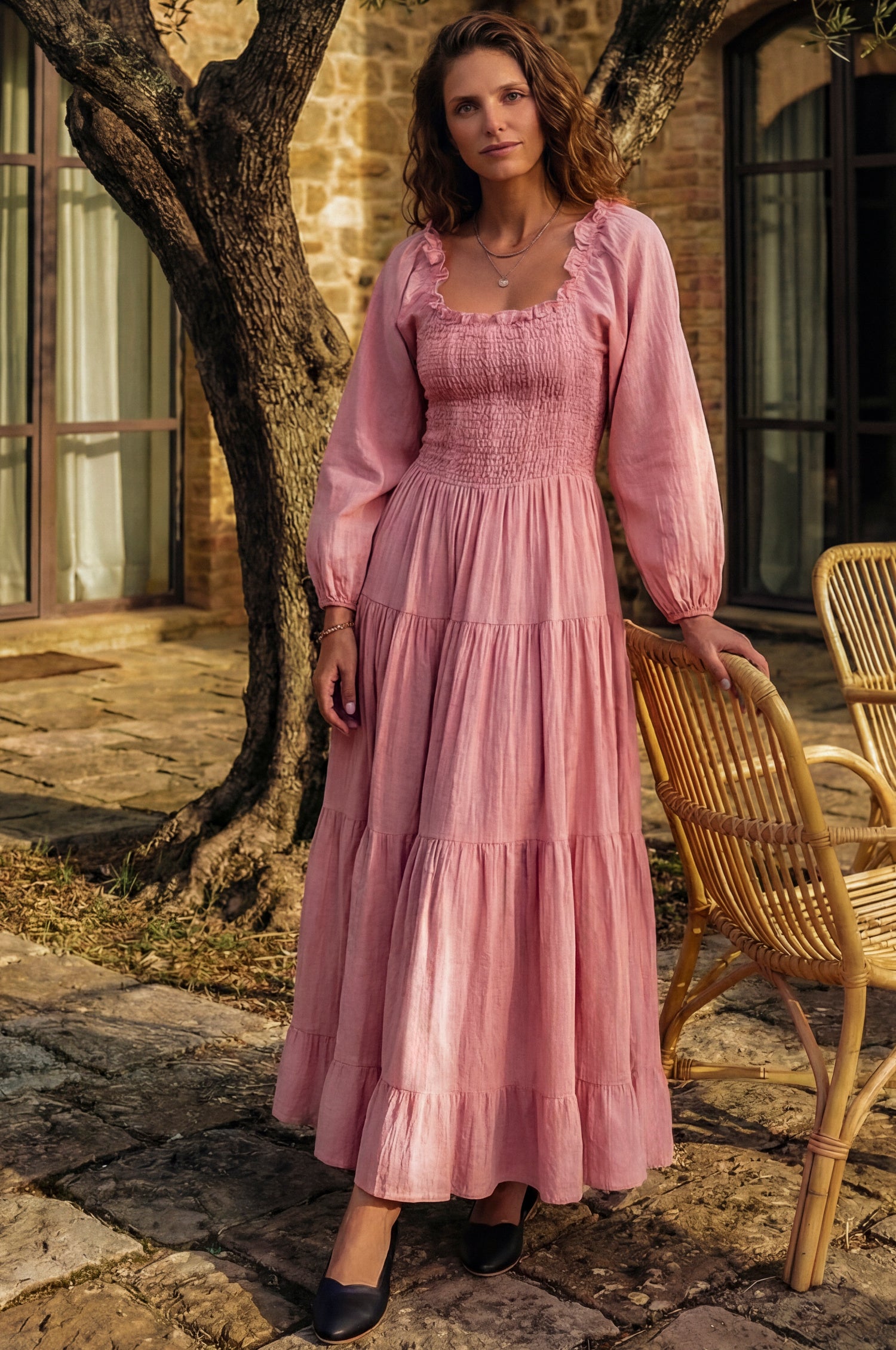 Evangeline. Handmade Tiered Linen Midi Dress With Square Neckline