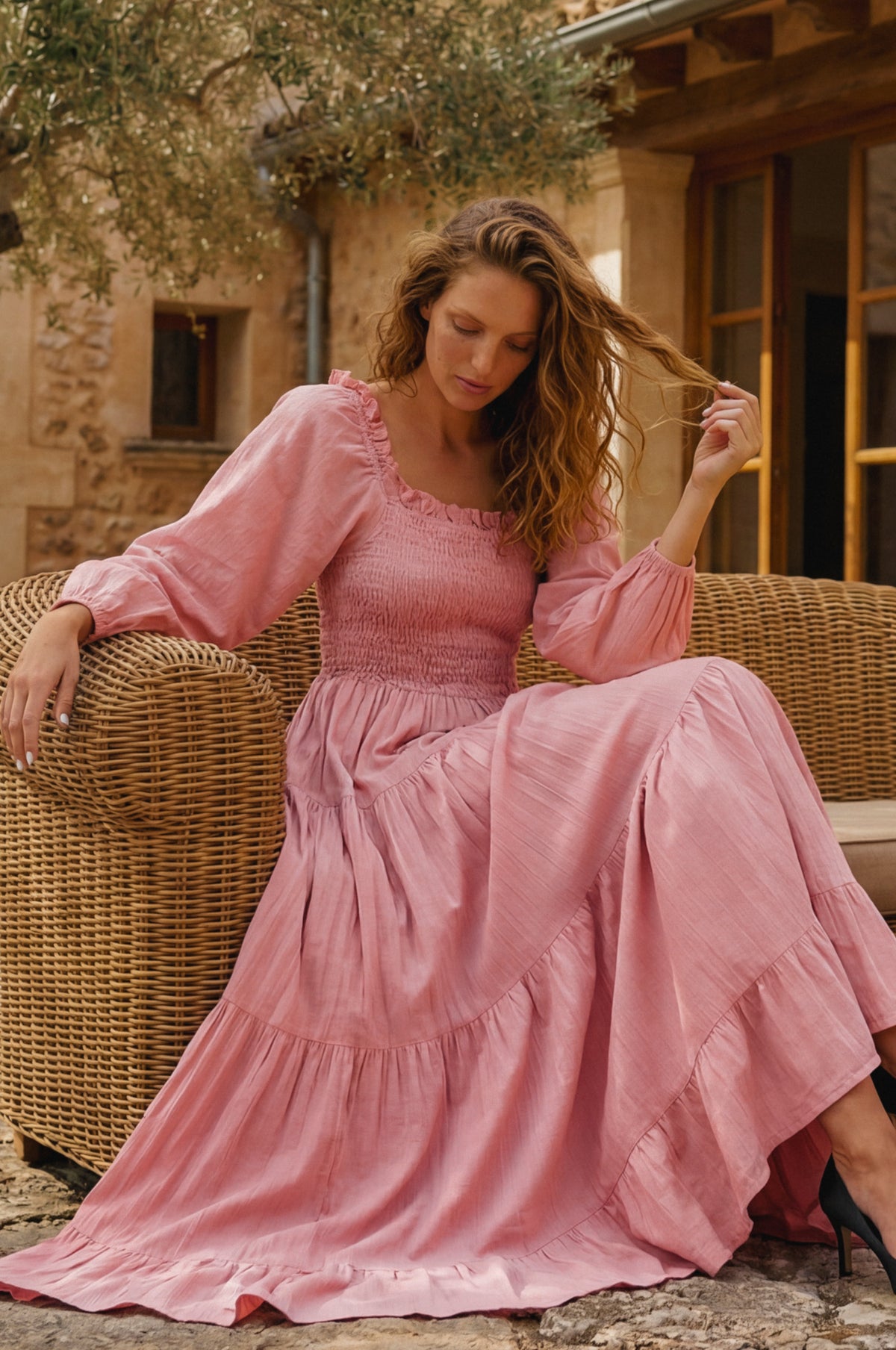 Evangeline Tiered Linen Midi Dress