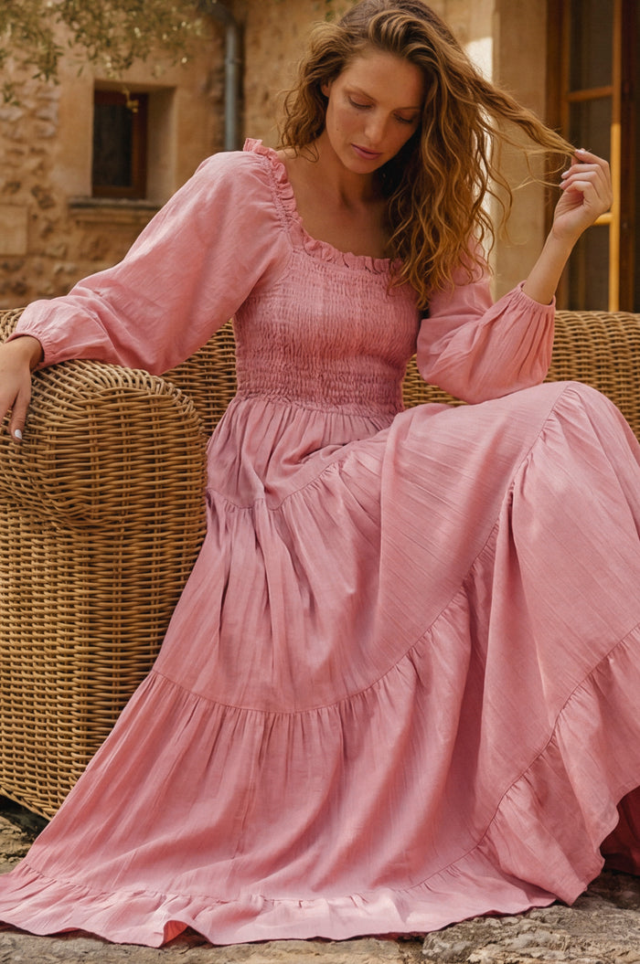 Evangeline Tiered Linen Midi Dress