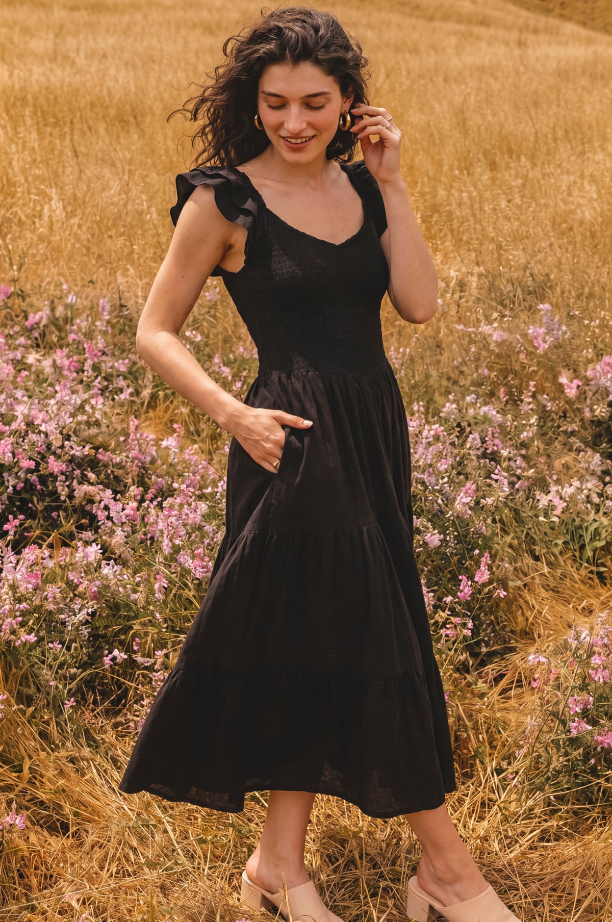 Giuseppina Smocked Linen Midi Dress