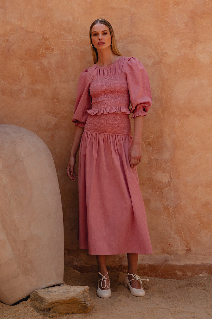 Lavena Smocked Midi Linen Skirt