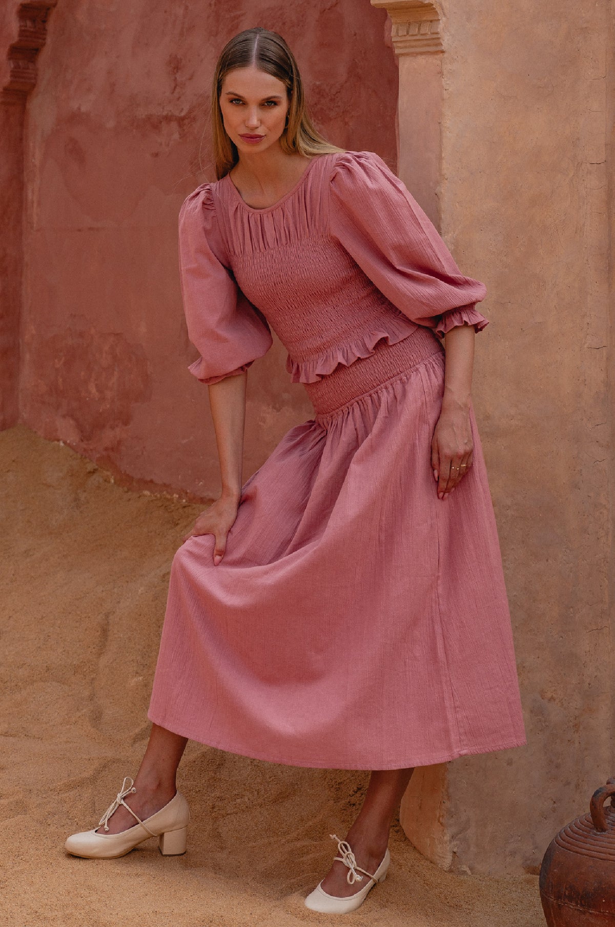Lavena Smocked Midi Linen Skirt