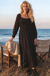 Marina Smocked Pintuck Maxi Linen Dress