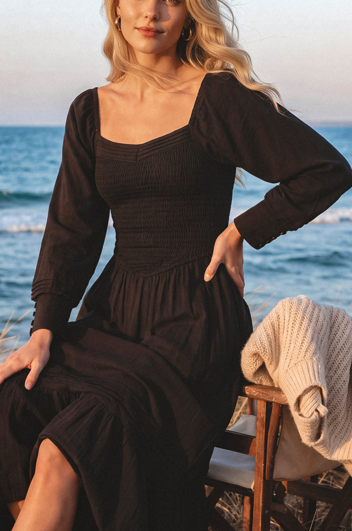 Marina Smocked Pintuck Maxi Linen Dress