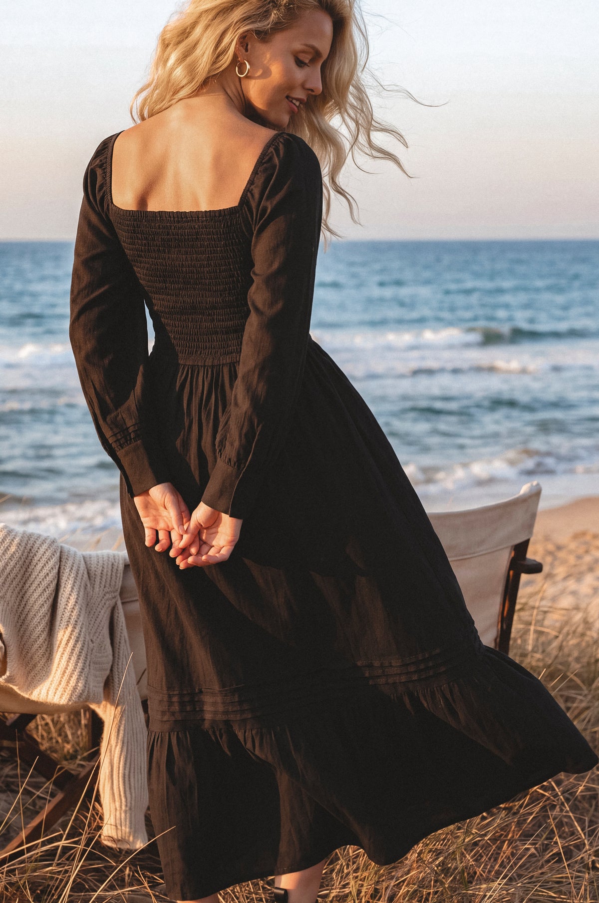 Marina Smocked Pintuck Maxi Linen Dress