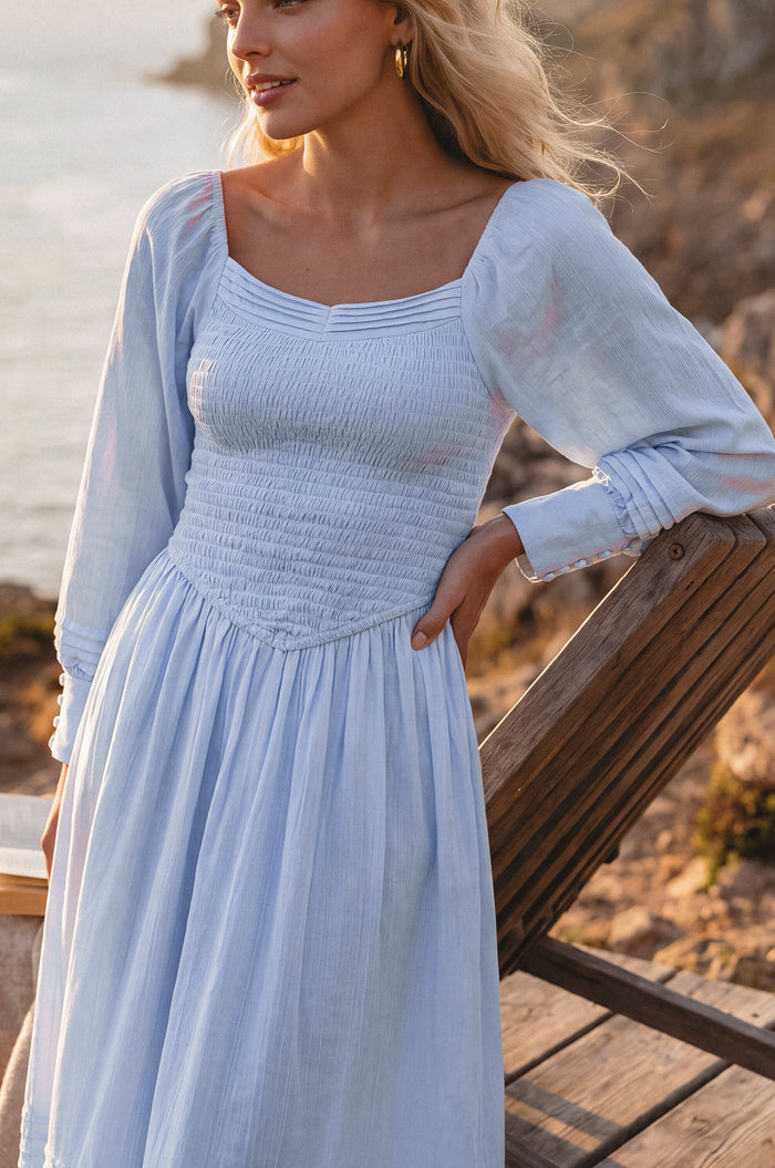 Marina Smocked Pintuck Maxi Linen Dress