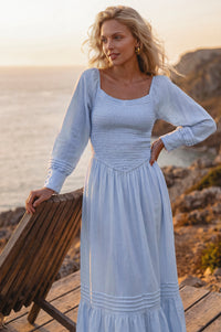 Marina Smocked Pintuck Maxi Linen Dress