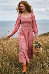 Marina Smocked Pintuck Maxi Linen Dress