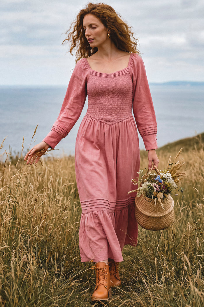 Marina Smocked Pintuck Maxi Linen Dress