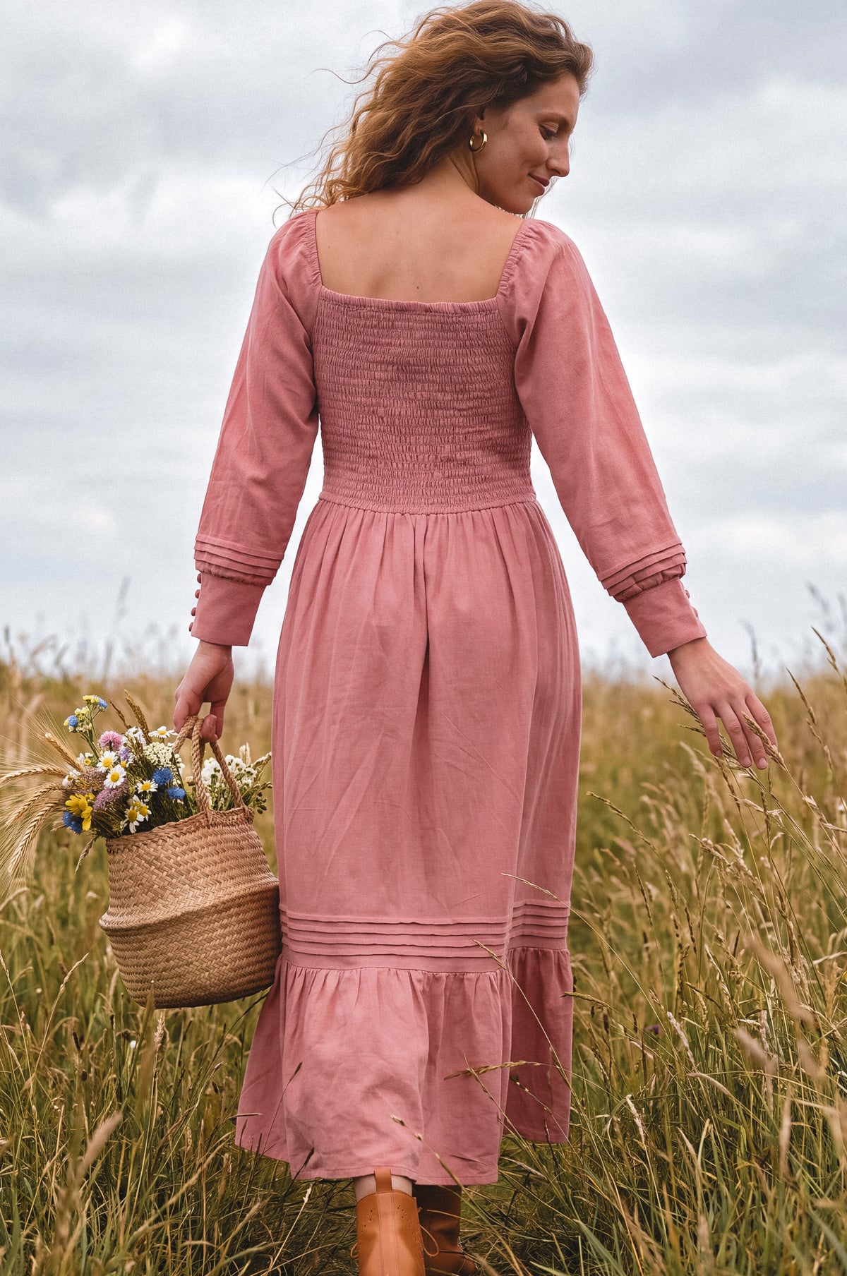 Marina Smocked Pintuck Maxi Linen Dress