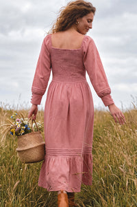 Marina Smocked Pintuck Maxi Linen Dress