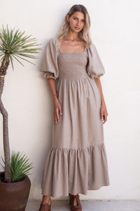 Almeria Smocked Midi Linen Dress
