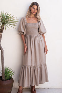 Almeria Smocked Midi Linen Dress
